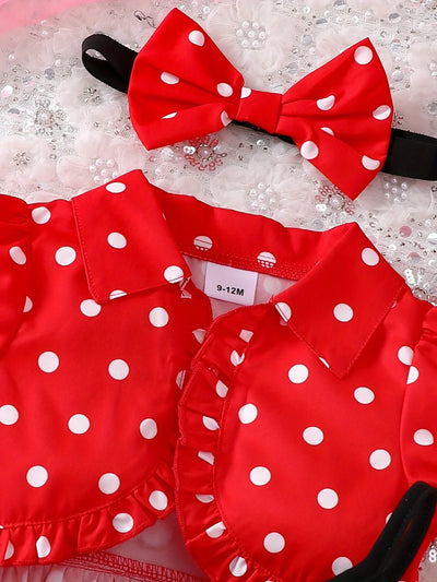 Baby Girl Party Dress Set – 3-Piece Black Tulle Dress with Red Polka Dot Shrug & Headband