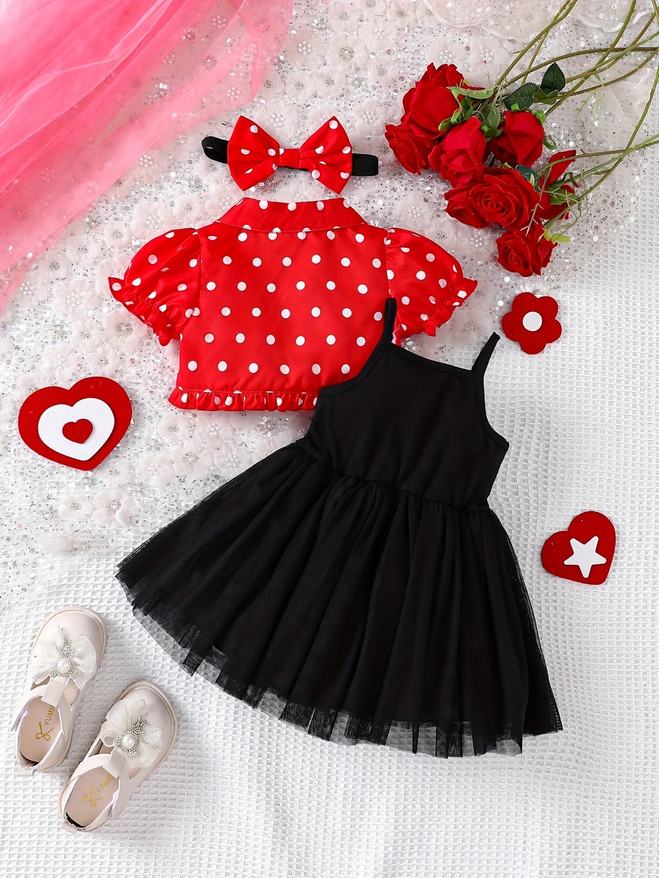 Baby Girl Party Dress Set – 3-Piece Black Tulle Dress with Red Polka Dot Shrug & Headband