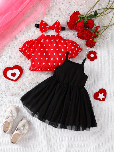 Baby Girl Party Dress Set – 3-Piece Black Tulle Dress with Red Polka Dot Shrug & Headband