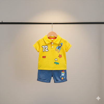 Baby Yellow Rocket Polo Shirt & Denim Shorts Set