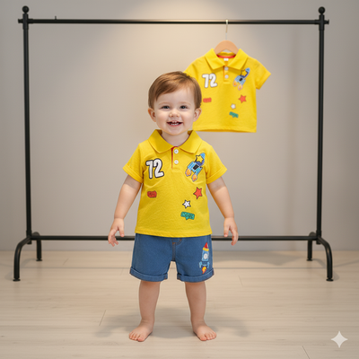 Baby Yellow Rocket Polo Shirt & Denim Shorts Set