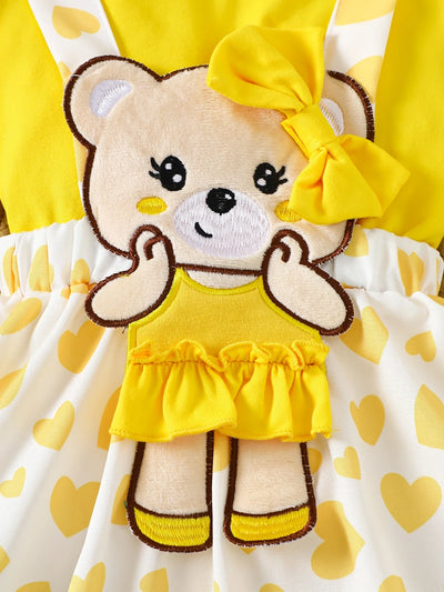 Baby Girl Cartoon Bear Top & Strap Skirt Set with Hairband – Summer Outdoor Outfit