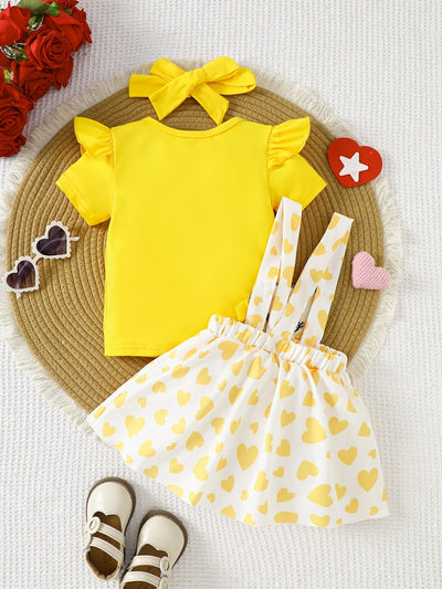 Baby Girl Cartoon Bear Top & Strap Skirt Set with Hairband – Summer Outdoor Outfit