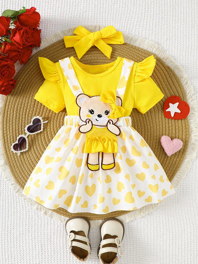 Baby Girl Cartoon Bear Top & Strap Skirt Set with Hairband – Summer Outdoor Outfit