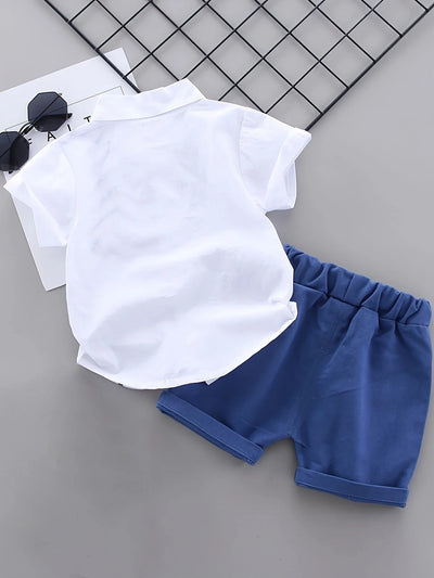 Boys’ Dinosaur Cartoon Shirt & Denim Shorts Set – Summer Outfit with Chevron Pattern Tee