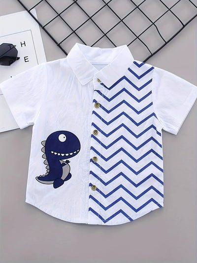 Boys’ Dinosaur Cartoon Shirt & Denim Shorts Set – Summer Outfit with Chevron Pattern Tee