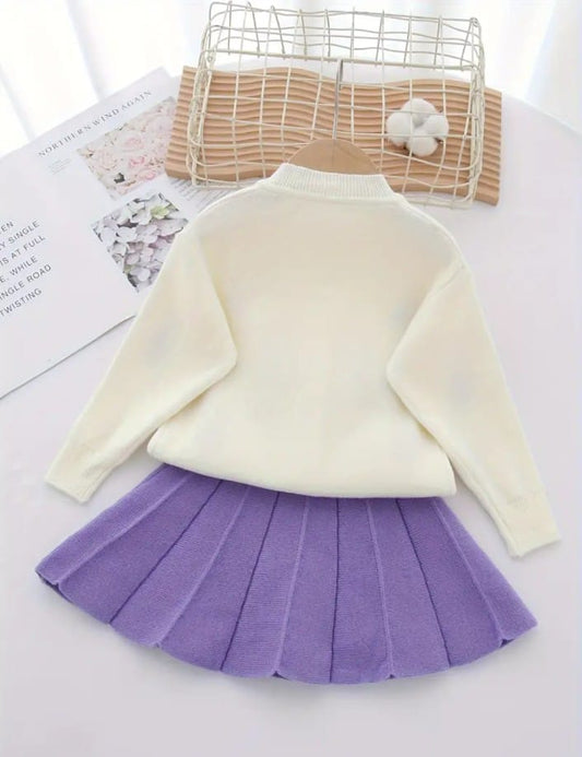 Elegant Knit Cardigan & Pleated Skirt Set with 3D Grapes Design