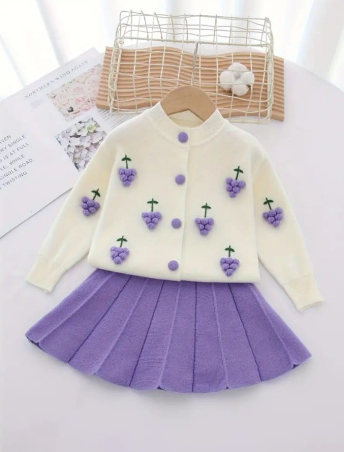 Elegant Knit Cardigan & Pleated Skirt Set with 3D Grapes Design