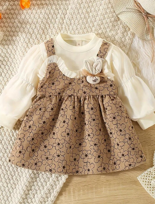 Charming Floral Bunny Long-Sleeve Baby Girl Frock