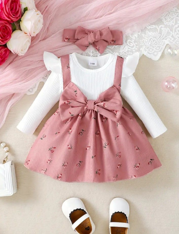 Baby Girl Flared Sleeves Floral Patchwork Frock with Bow