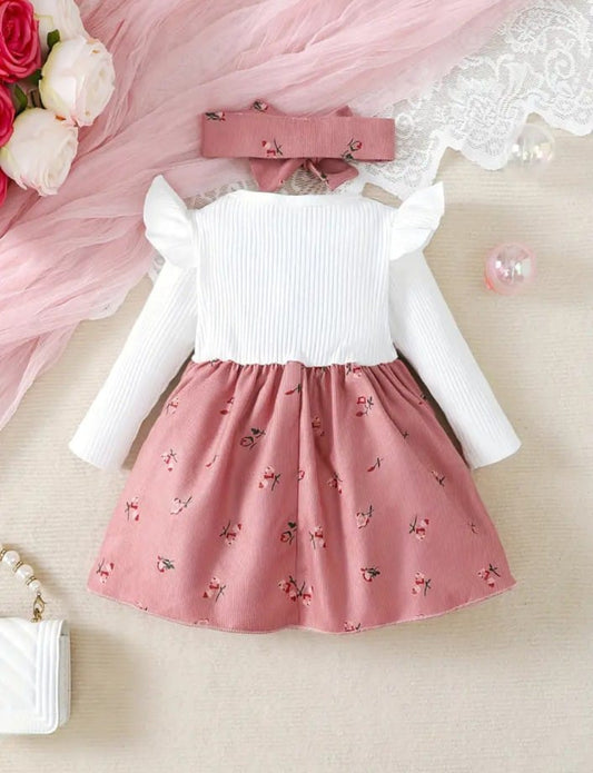 Baby Girl Flared Sleeves Floral Patchwork Frock with Bow