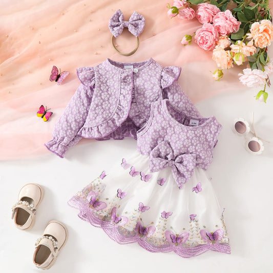 Baby Girl Butterfly 3-Piece Set with Bow | Deep Purple Party Dress