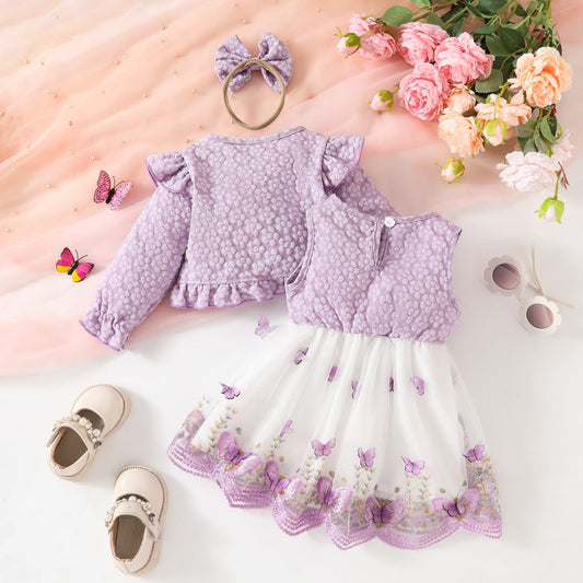 Baby Girl Butterfly 3-Piece Set with Bow | Deep Purple Party Dress