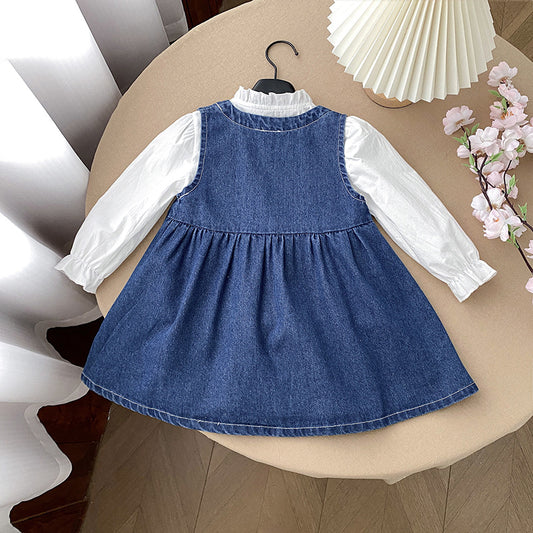 Denim Style Frock with White Shirt for Cute Girls