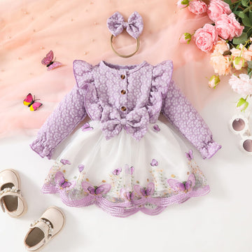 Baby Girl Butterfly 2-Piece Set with Bow | Deep Purple Party Dress