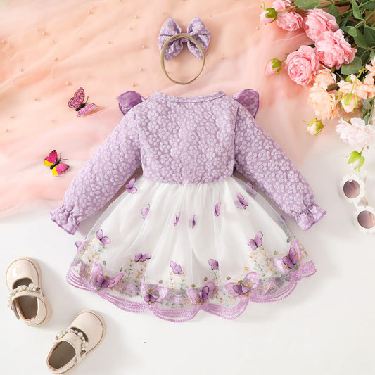 Baby Girl Butterfly 2-Piece Set with Bow | Deep Purple Party Dress