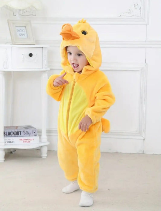 Super Cute Cartoon Duck Flannel Romper | Hooded Zip-Up Jumpsuit