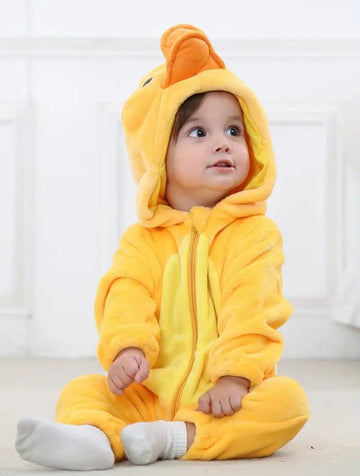 Super Cute Cartoon Duck Flannel Romper | Hooded Zip-Up Jumpsuit