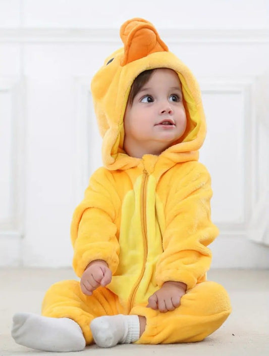 Super Cute Cartoon Duck Flannel Romper | Hooded Zip-Up Jumpsuit