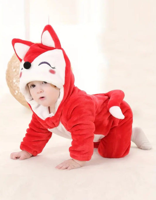 Baby's Adorable Fox Hooded Flannel Romper | Fuzzy Jumpsuit with Tail