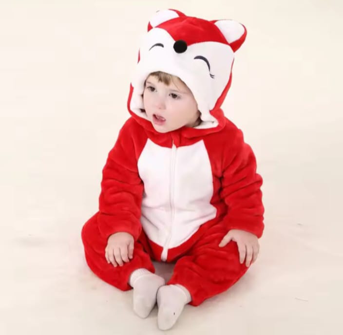 Baby's Adorable Fox Hooded Flannel Romper | Fuzzy Jumpsuit with Tail