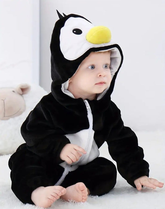 Cute Penguin Style Flannel Baby Romper | Hooded Zip-Up Jumpsuit