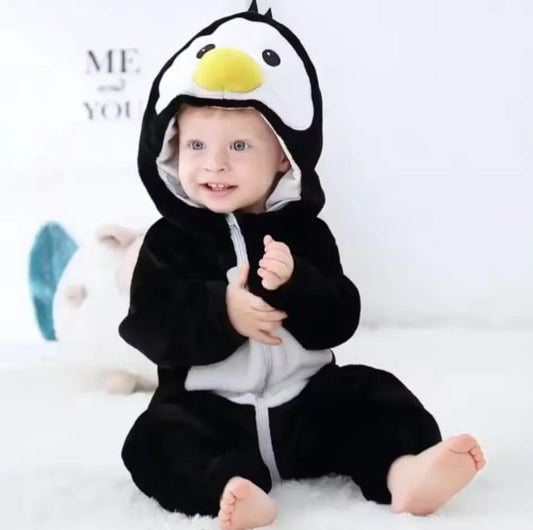 Cute Penguin Style Flannel Baby Romper | Hooded Zip-Up Jumpsuit