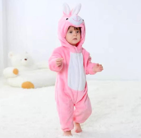 Cute Rabbit Style Flannel Baby Romper | Hooded Zip-Up Jumpsuit for Autumn