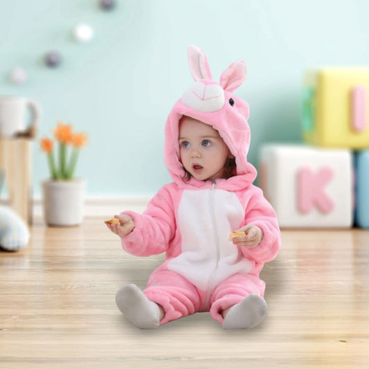 Cute Rabbit Style Flannel Baby Romper | Hooded Zip-Up Jumpsuit for Autumn