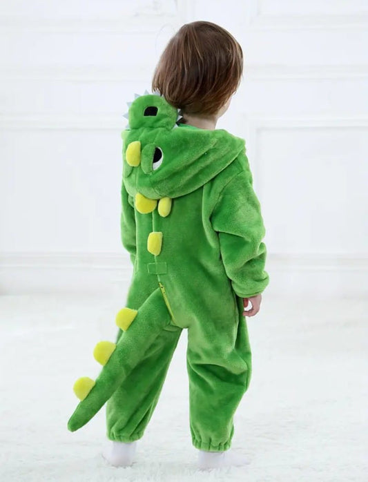 Dinosaur Style Flannel Baby Romper | Zip Up with Hooded Jumpsuit for Outdoor Wear | Autumn