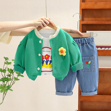 3-Piece Baby Warm Sweater Set | Inner & Denim Pants with Floral Character