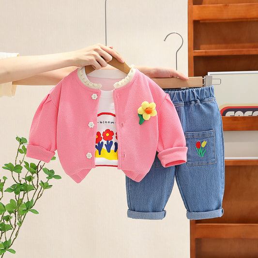 3-Piece Baby Warm Sweater Set | Inner & Denim Pants with Floral Character