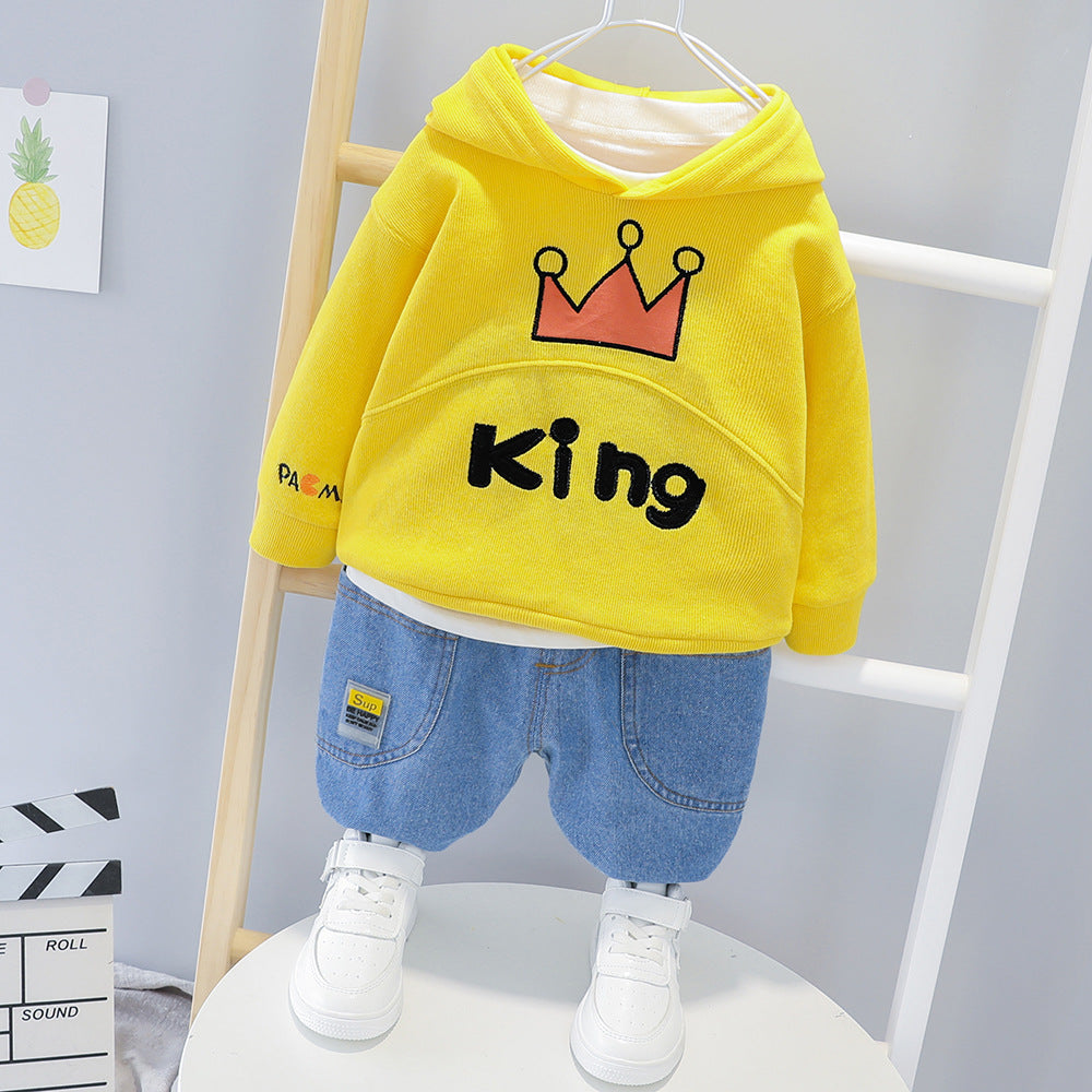 Baby Boy Adorable King Letter Cozy Hoodie with Denim Jeans