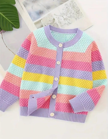 Kids' Rainbow Striped Knitted Cardigan – Cozy Long Sleeve Jacket