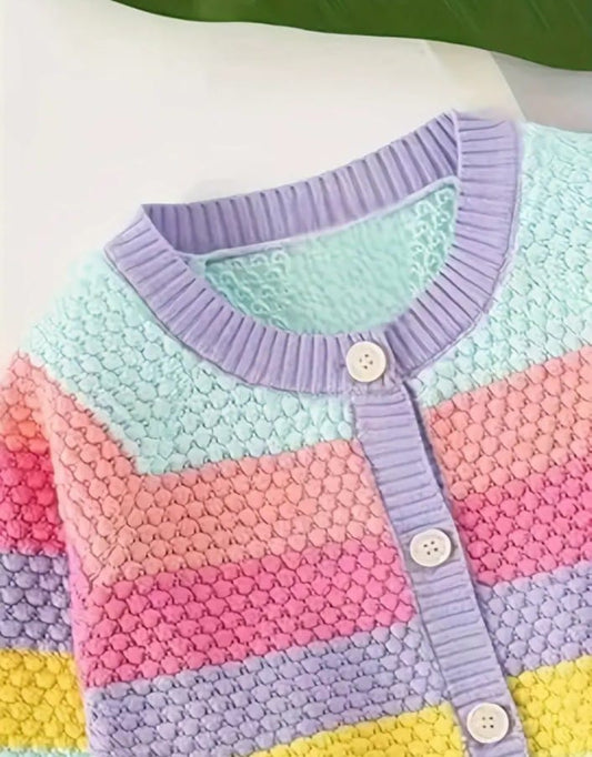 Kids' Rainbow Striped Knitted Cardigan – Cozy Long Sleeve Jacket