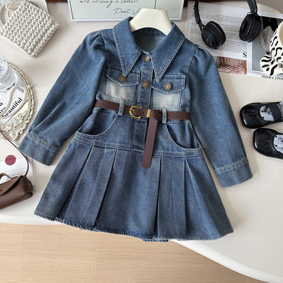 Girls Long-Sleeve Pleated Denim Dress with Brown Waist Belt
