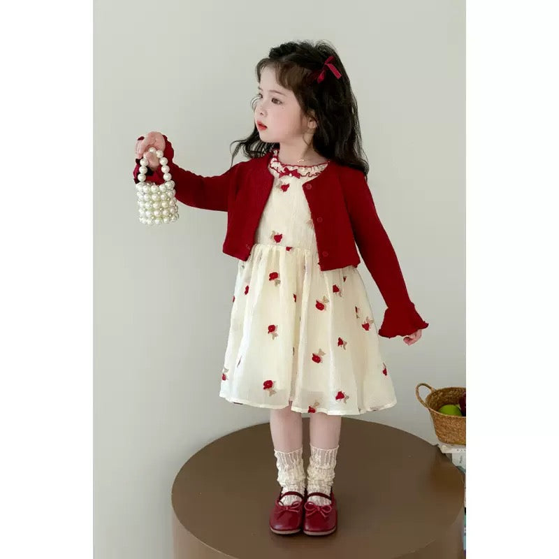 Ruby Red Cardigan and Embroidered Floral Princess Dress Set