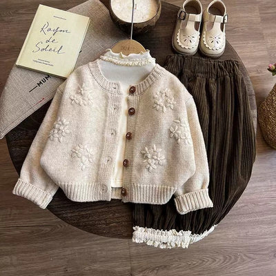 Girls Cream Floral Knit Cardigan and Corduroy Trousers Set