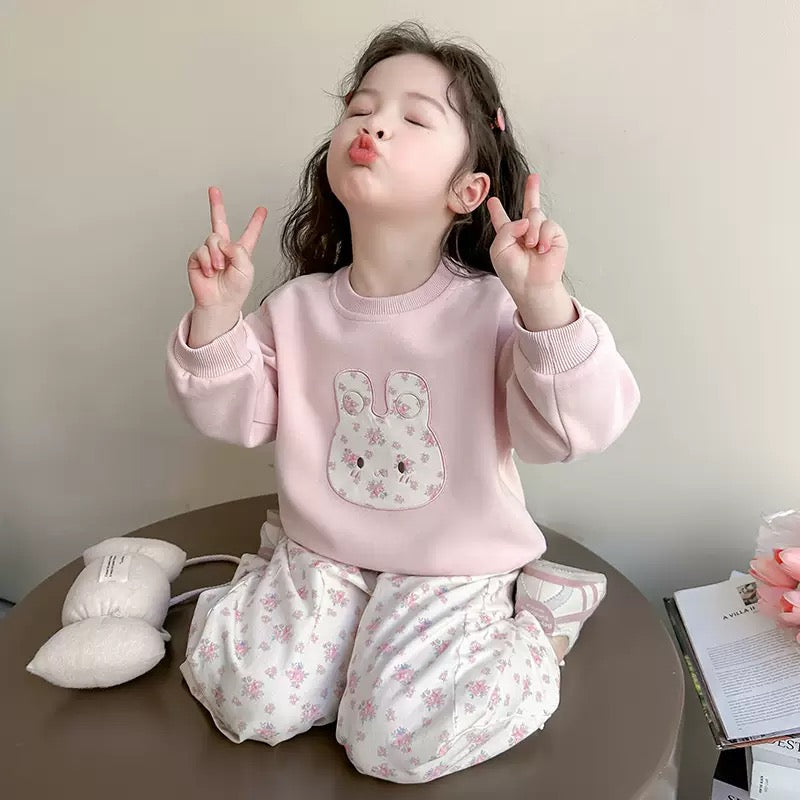 Girls Pink Bunny Sweatshirt & Floral Pants Set
