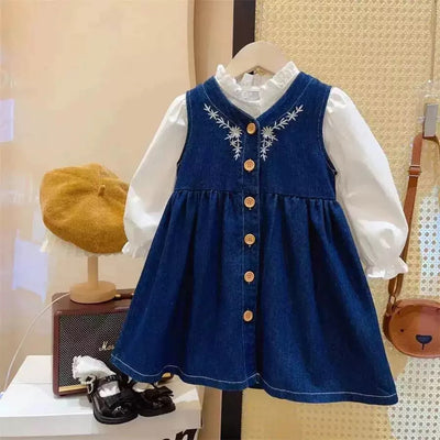 Denim Style Frock with White Shirt for Cute Girls