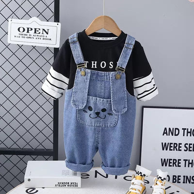Denim romper with black striped t-shirt for boys