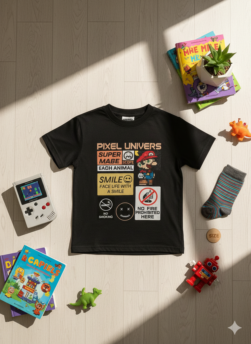 Pixel Art Black T-Shirt for Boys