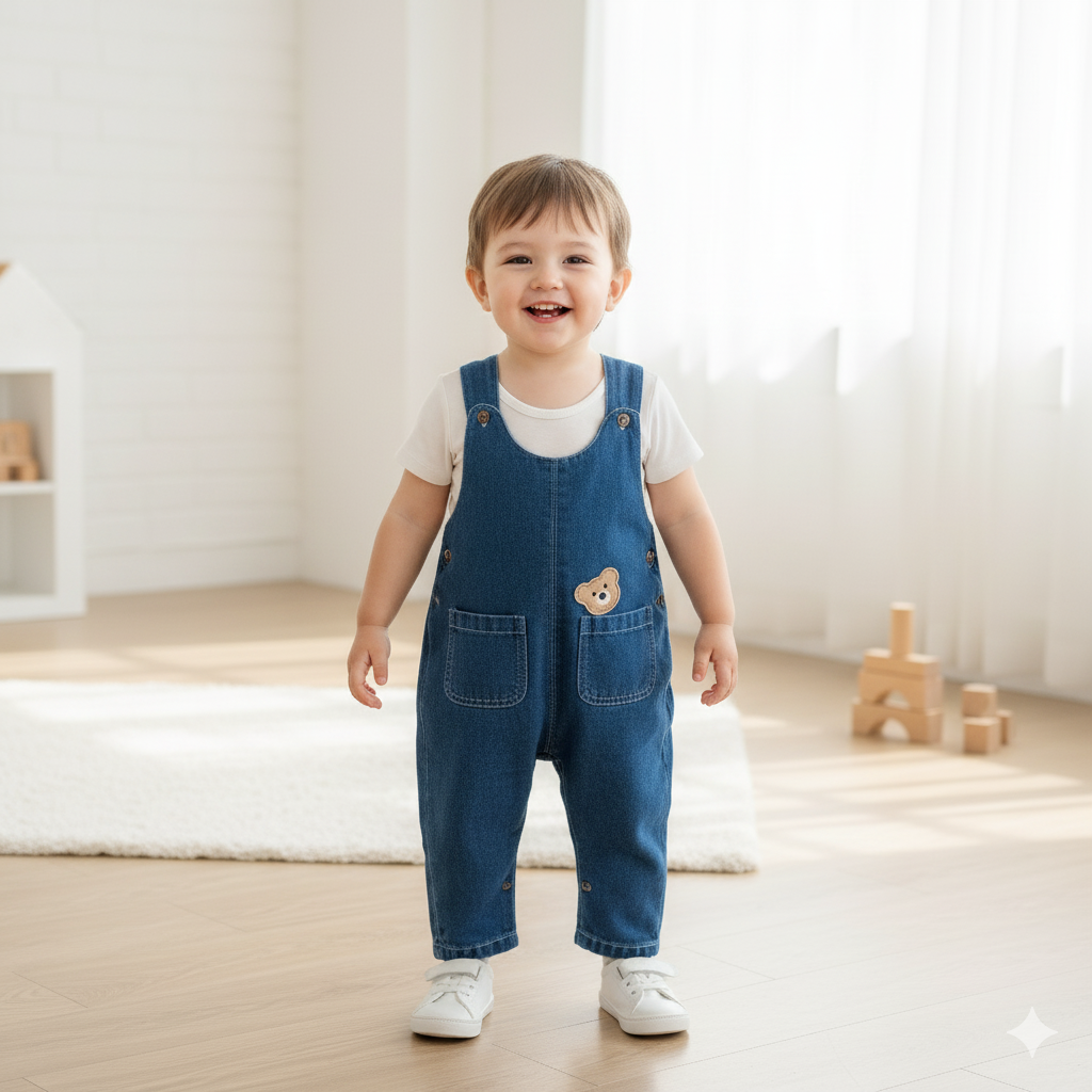 Teddy Bear Denim Baby Overalls