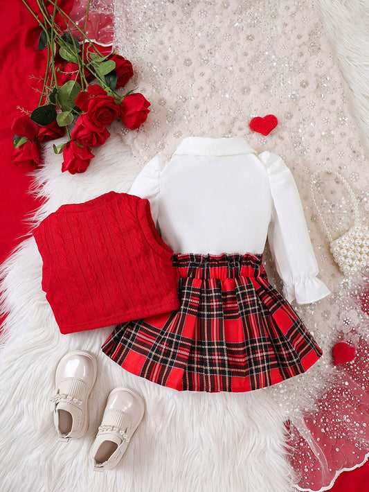 Adorable 3-Piece Baby Girl Outfit | Chic White Shirt, Red Vest & Plaid Skirt Set