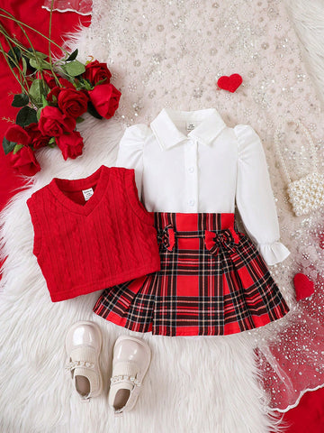 Adorable 3-Piece Baby Girl Outfit | Chic White Shirt, Red Vest & Plaid Skirt Set