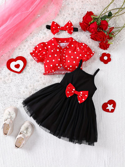Baby Girl Party Dress Set – 3-Piece Black Tulle Dress with Red Polka Dot Shrug & Headband