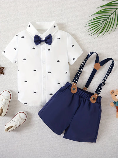 Baby Boy Gentleman Outfit Set – Shirt, Shorts & Bow Tie with Suspenders