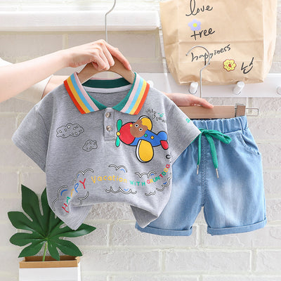 Toddler's Airplane Polo & Denim Shorts Set