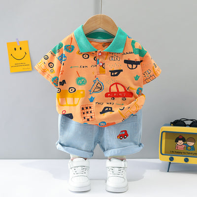 Baby's Car Print Polo & Denim Shorts Set