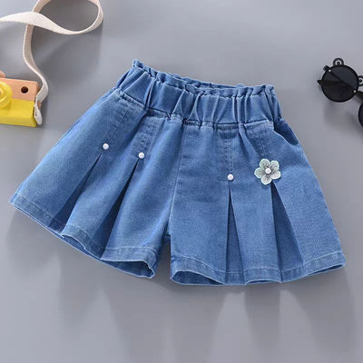 Baby Girl's Pleated Denim Skort with Pearls